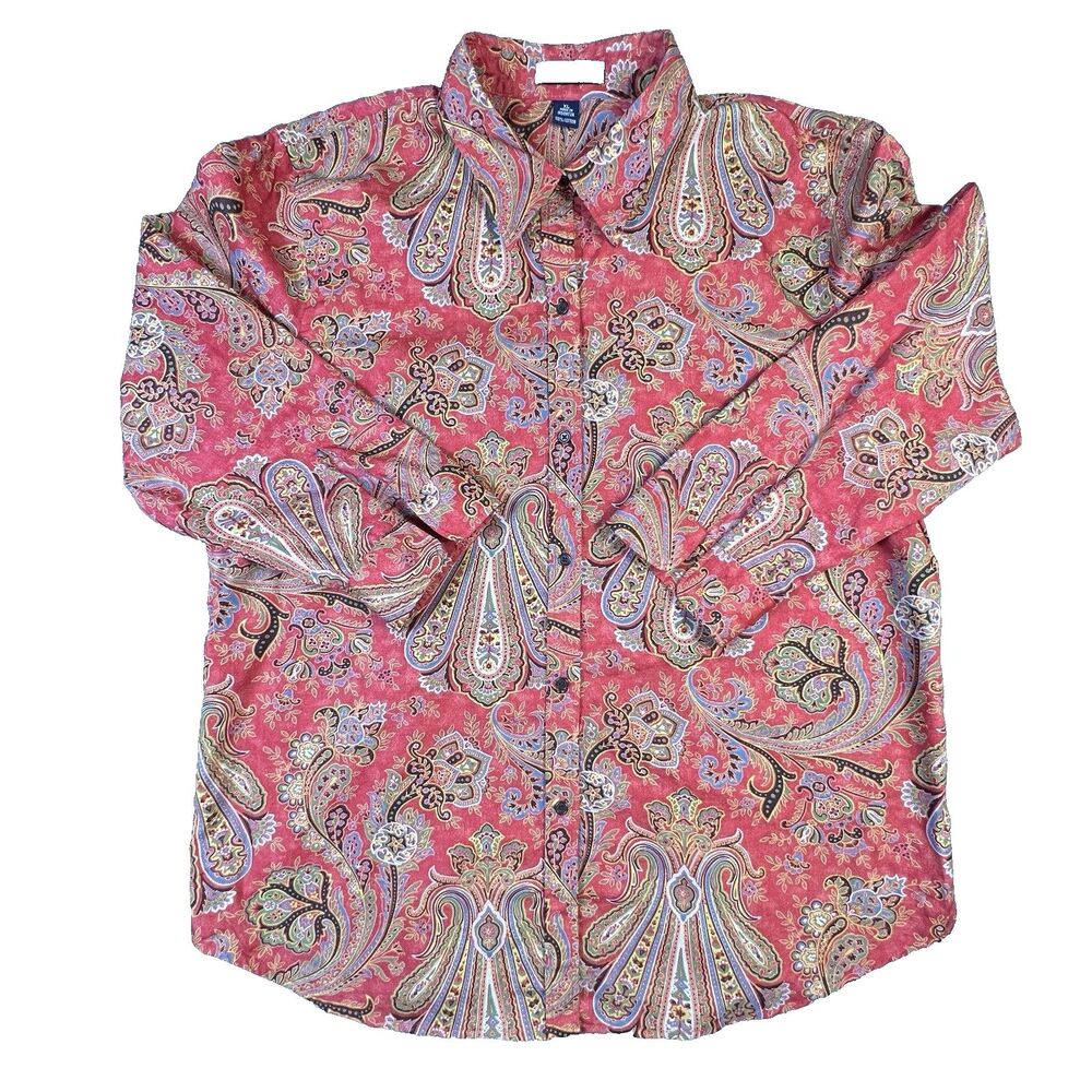 Chaps Womens Cotton Button Up Shirt Red Paisley Split Cuff XL